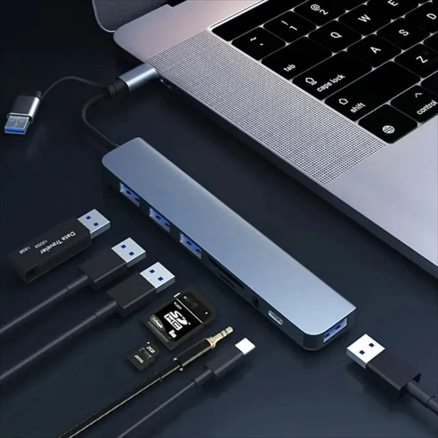NEW 8 in 2 USB +Type C HUB Docking Station with 3.5mm Audio Jack Adapter Micro SD Card Reader Laptop Tablet Phone Disk Converter