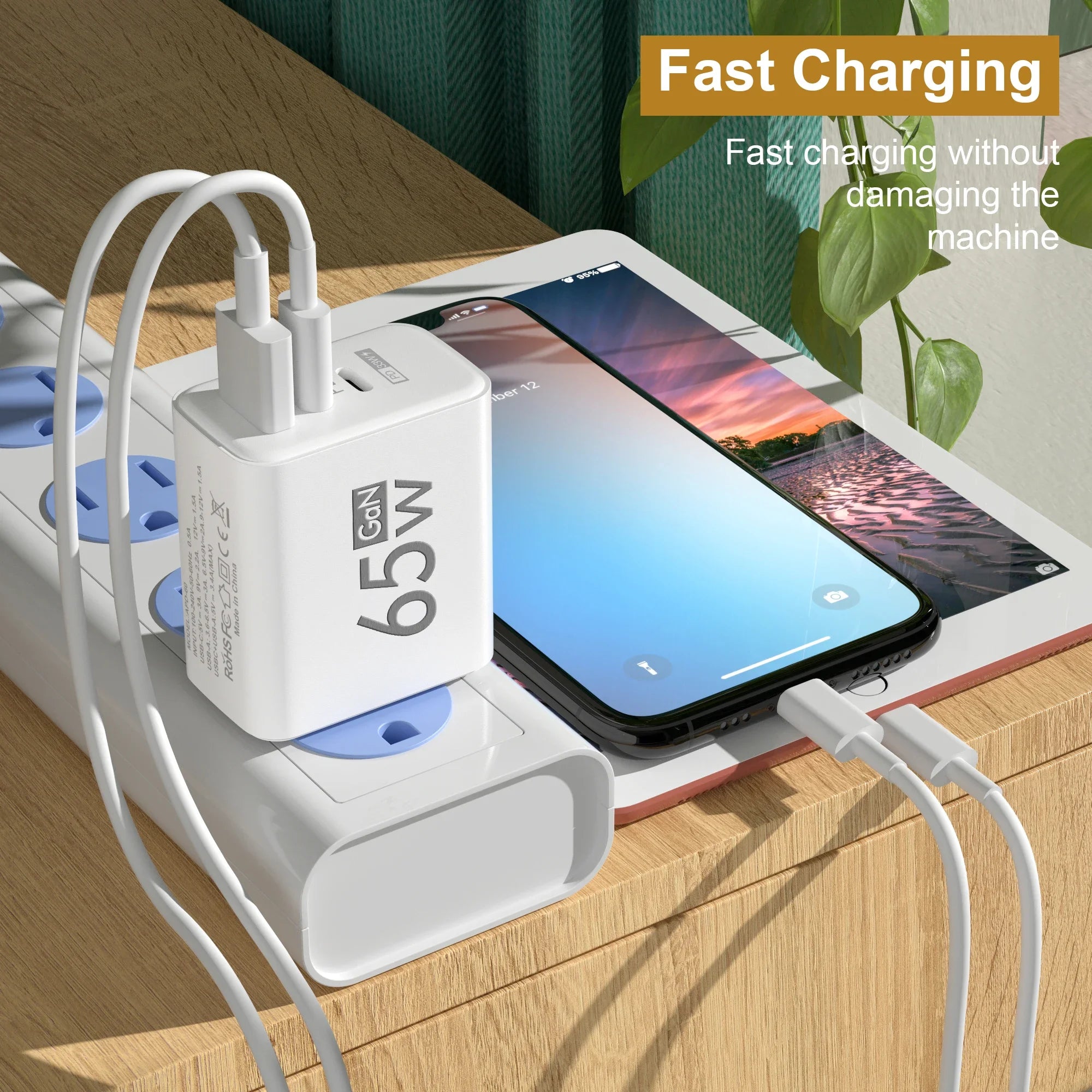 65W GaN Fast Charger - 3-Port USB-C Power Adapter