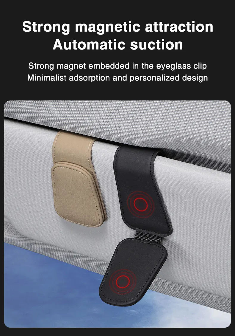 Car Visor Glasses Holder - Magnetic Leather Sunglasses Clip