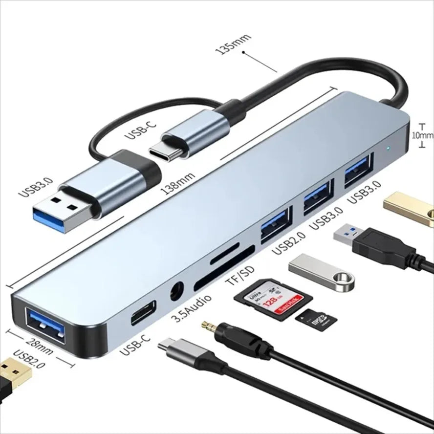 NEW 8 in 2 USB +Type C HUB Docking Station with 3.5mm Audio Jack Adapter Micro SD Card Reader Laptop Tablet Phone Disk Converter