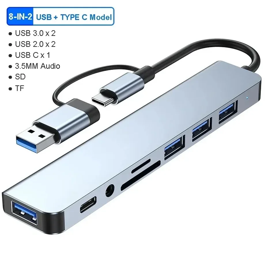 NEW 8 in 2 USB +Type C HUB Docking Station with 3.5mm Audio Jack Adapter Micro SD Card Reader Laptop Tablet Phone Disk Converter
