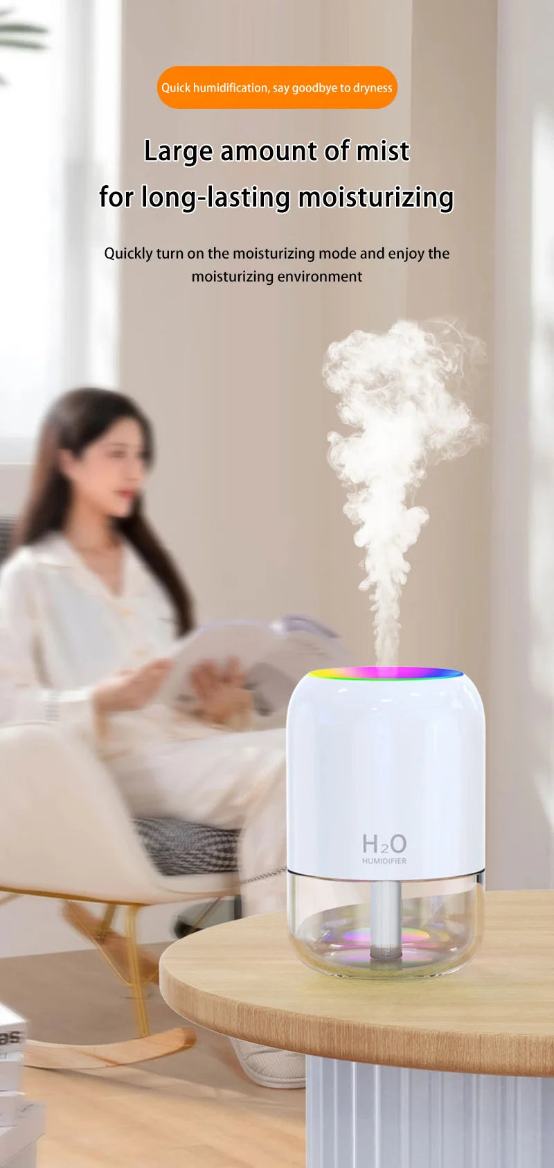 Mini Air Humidifier with LED Light for Bedroom & Office