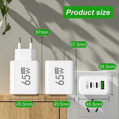 65W GaN Fast Charger - 3-Port USB-C Power Adapter
