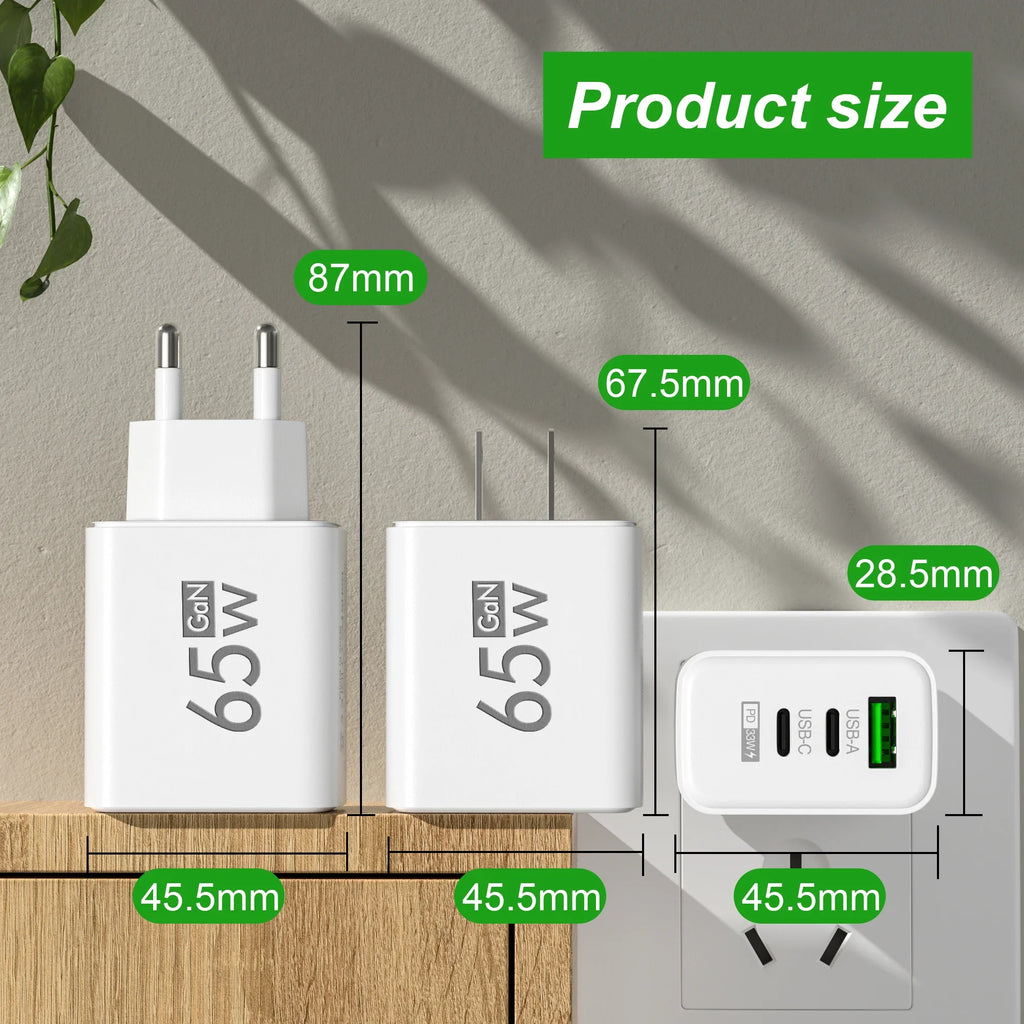 65W GaN Fast Charger - 3-Port USB-C Power Adapter