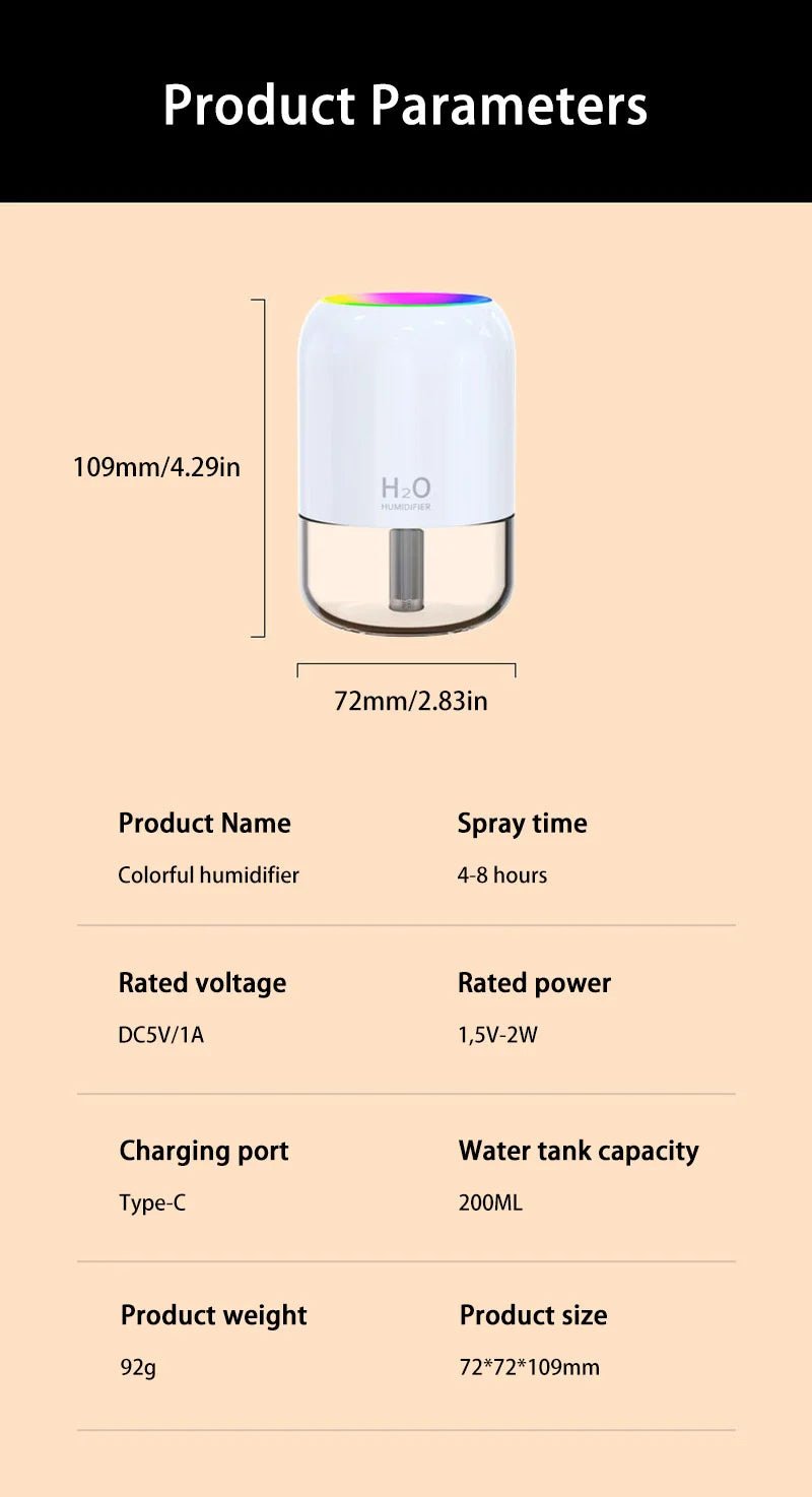 Mini Air Humidifier with LED Light for Bedroom & Office