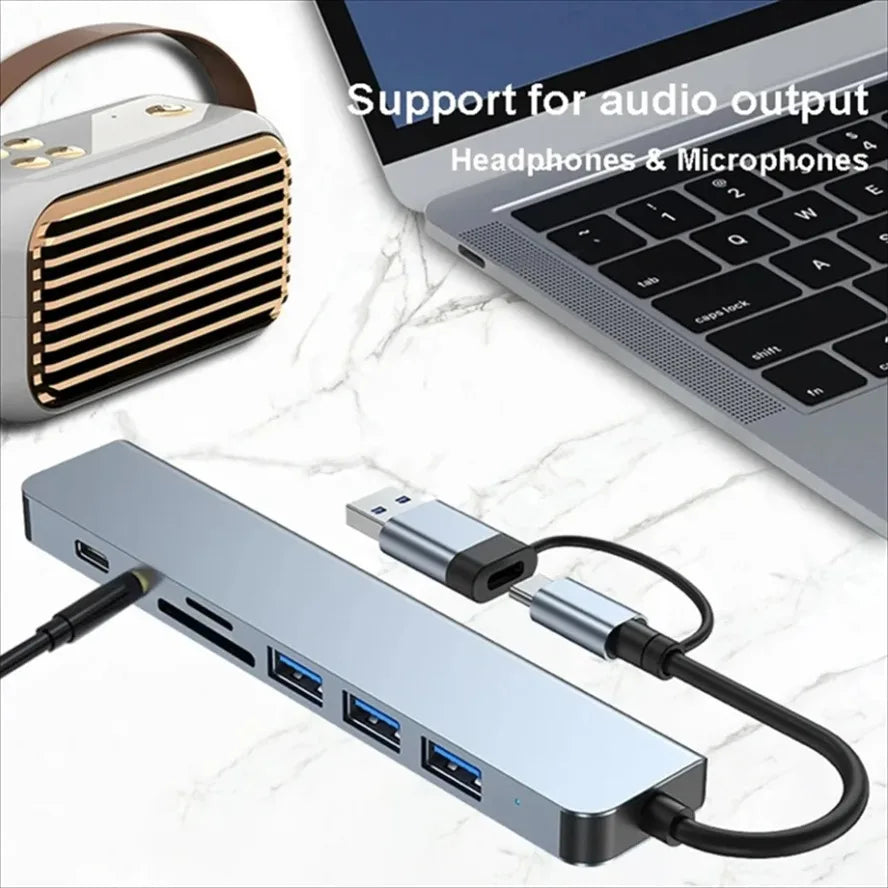 NEW 8 in 2 USB +Type C HUB Docking Station with 3.5mm Audio Jack Adapter Micro SD Card Reader Laptop Tablet Phone Disk Converter