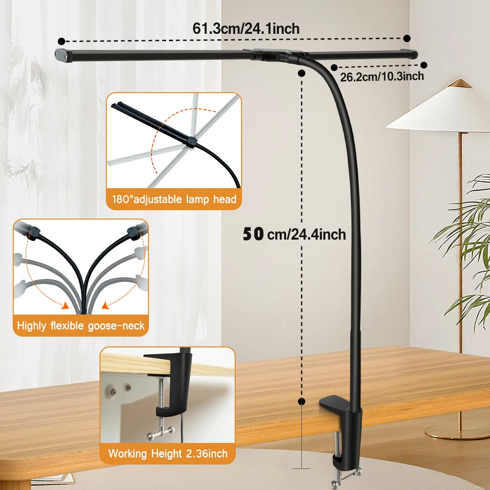 LED Desk Lamp Double/Single Head Architect Desk Lamps Office Eye-Caring Desk Light Stepless Dimmable Adjustable Gooseneck Lamp